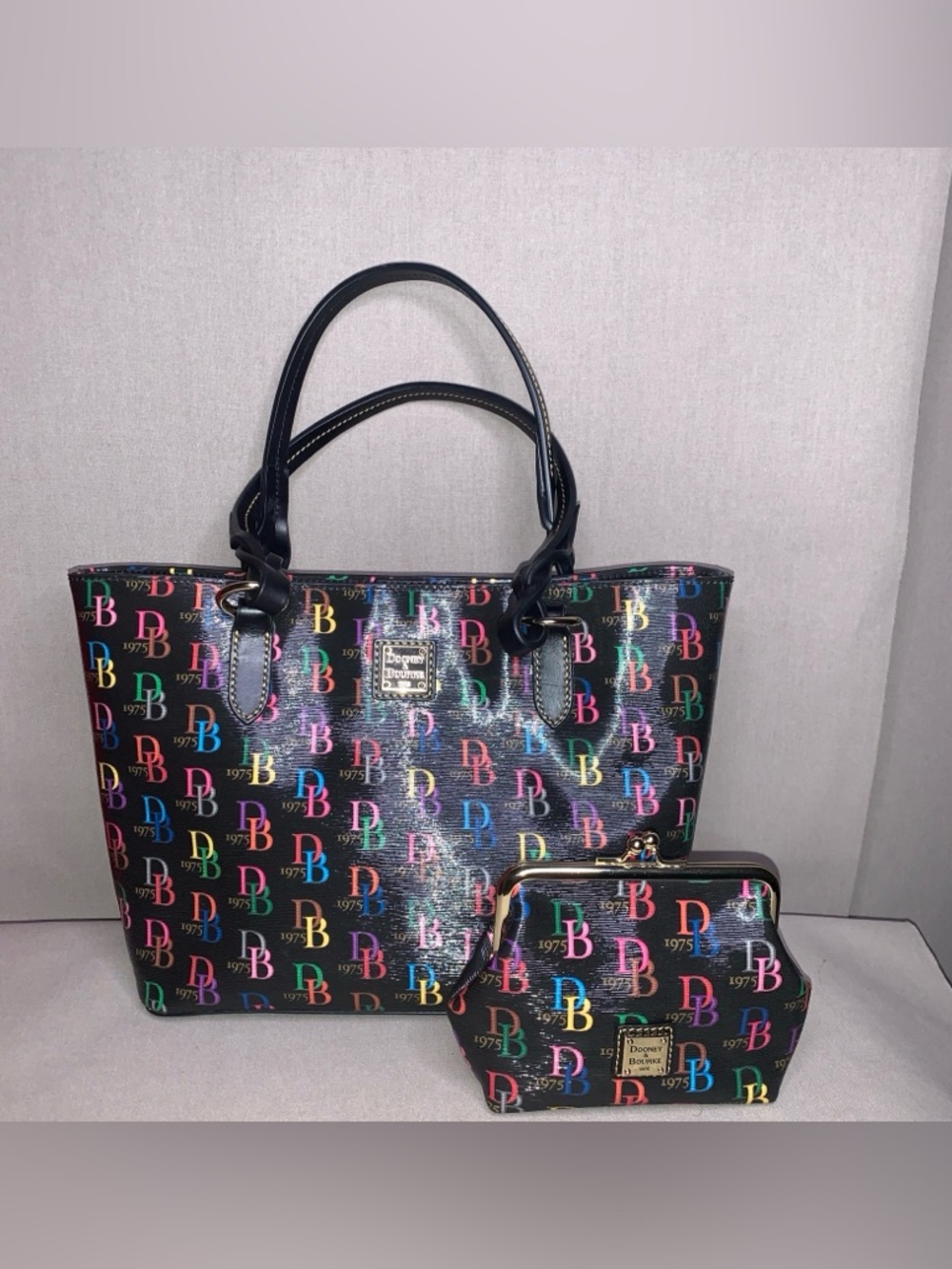Dooney & Bourke Black Multicolor DB Logo Tote with Matching Coin Purse